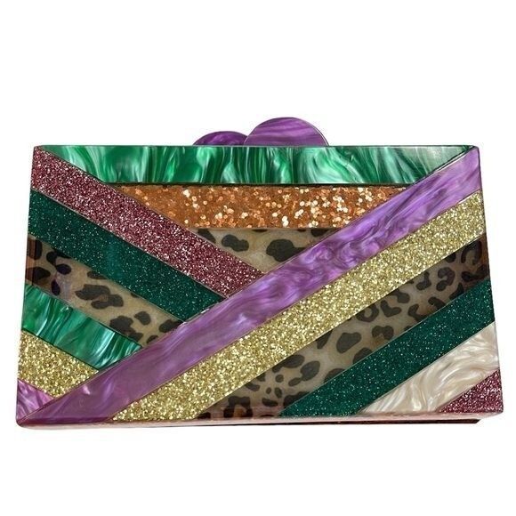 NIB Elizabeth Sutton Collection Cheetah Clutch Acrylic Purse Glitter Multi Color - Picture 1 of 12